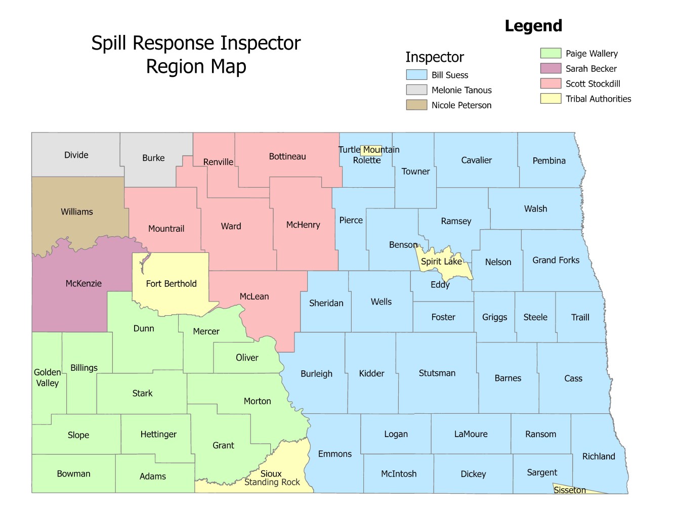 Map of North Dakota showing spill response inspector regions by county