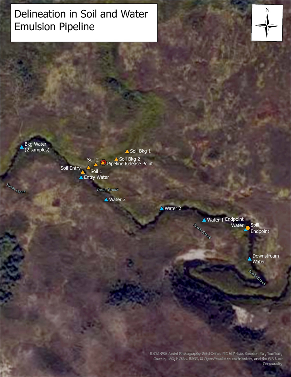 Aerial map of a creek and drainage system showing a combined soil and water delineation for an emulsion pipeline spill. Orange triangle markers indicate soil sample locations along a narrow drainage including a pipeline release point. Blue triangle markers indicate water sample locations progressing downstream along the creek from the entry point to beyond the spill endpoint.