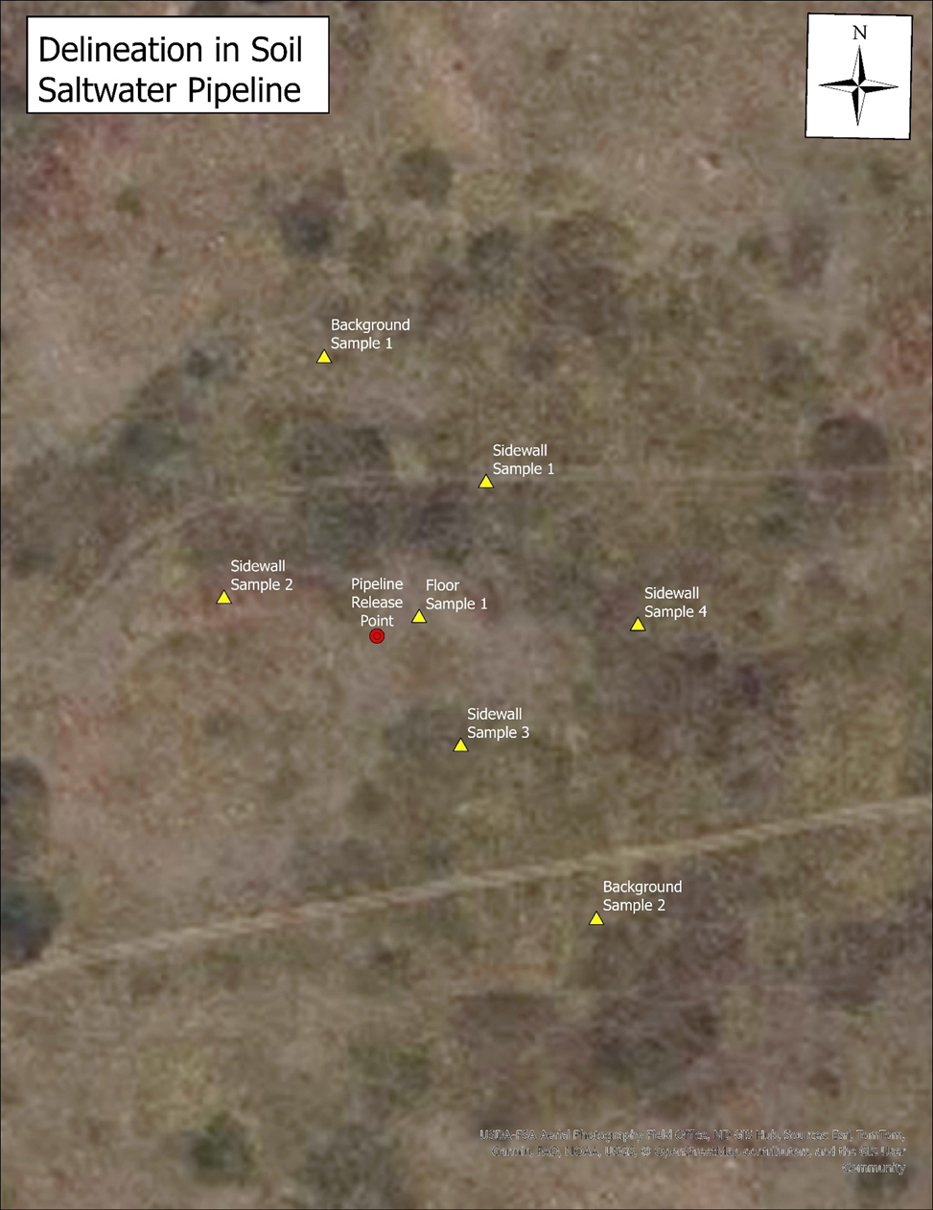 Aerial map of a flat rangeland field showing a saltwater pipeline spill delineation. Yellow triangle markers indicate two background sample locations, four sidewall sample locations, and one floor sample location surrounding a red circle marking the pipeline release point.