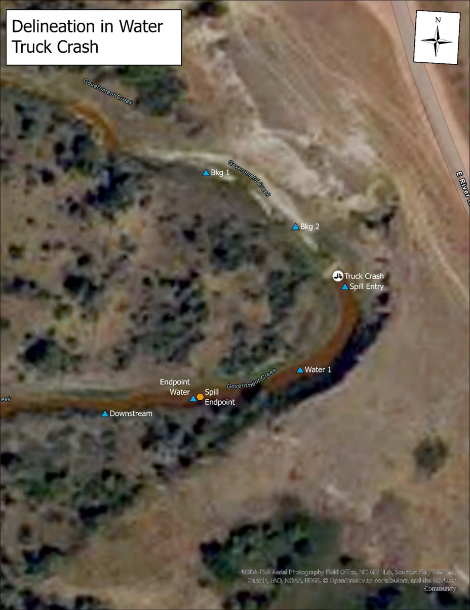 Aerial map of a creek system showing a diesel spill delineation from a truck crash. Blue triangle markers indicate two background sample locations upstream, and four sample locations progressing downstream along the creek from the truck crash site to the spill endpoint and beyond.
